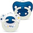 NUK Signature Night Baby Dummy | 0-6 Months | Soothes 95% of Babies | Heart-Shaped BPA-Free Silicone Soothers | Glow-in-The-Dark | Includes Case | Blue Stars | 2 Count