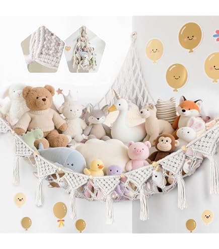 Set Di 2 Reti Porta Peluche Con 60 Clip E Anelli In Legno – Appendi Giocattoli, Cappelli E Calzini, Per Cameretta
