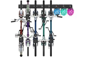 IBVIVIC Soporte de pared para 5 bicicletas y 3 cascos, sistema de almacenamiento de garaje para el hogar, soporte vertical para bicicletas, soportes de suspensión de bicicleta de hierro ajustable