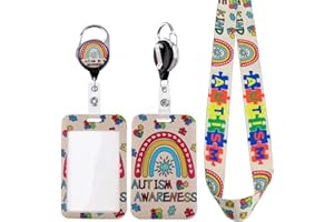 Juanooo Autism Awareness ID Card Holder Lanyard & Retractable Badge Reel Clip Cute Key Badge Lanyard for Kids Teens Teachers, Rainbow Puzzle Neck Lanyard for Keys, Hidden Disability Reel Lanyard