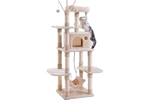 PLASTIFIC Arbre à chat stable à plusieurs niveaux avec tour d'escalade, arbre d'activités pour chat avec échelle, maison de jeu pour chaton, activité d'intérieur (beige, 50 x 50 x 154 cm)