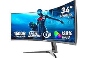 Gawfolk Monitor Ultrawide Da 34 Pollici 1500R Curvo 120Hz Monitor Per Computer Da Gioco, 21:9 UWQHD (3440x1440) schermo,Adaptive Sync,HDR,Angolo di visione 178°,HDMI、Display Port,VESA75×75MM - Nero