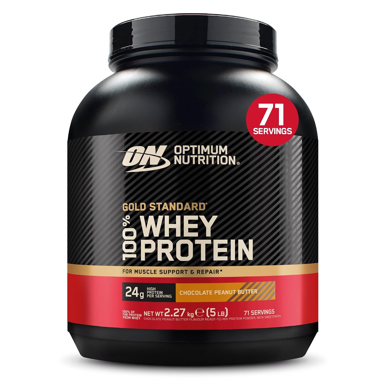 Optimum Nutrition Gold Standard 100% Whey, eiwit, chocoladesmaak en pindakaas, 2,27 kg, 71 blikjes