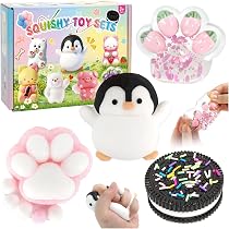 SSKHE Set Fufu Squishy 4 Piezas | Gatito, Queso, Pata De Gato Y Tostada | Juguete Anti-Estrés Suave Para Niños Y Adultos | Regalo Original