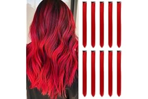 ARFMAGET Extensiones de cabello de colores con clip para niñas de 22 pulgadas, extensiones de pelo recto colorido para fiestas, accesorios para el cabello para niños y mujeres (10 piezas rojas)