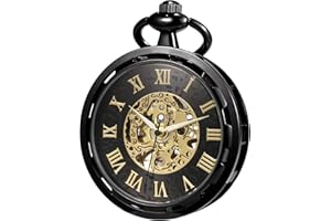 TREEWETO Reloj de bolsillo para hombre con esfera de esqueleto steampunk hueco, engranajes visibles, movimiento mecánico, esfera abierta, Oro negro., Steampunk