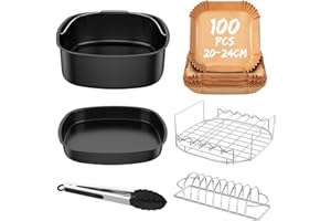 COZOR Accesorios freidora de Aire, Air Fryer Accesorios con Papel freidora Aire, Accesorios para freidora sin Aceite COSORI Cecotec Ninja Philips EVVO 5,5L 6L 6,2L 6,5L, Rejilla airfryer Pinzas Molde