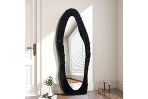 YOSHOOT Specchio a forma di onda, grande specchio da pavimento, con cornice in legno avvolta in flanella, grande da appendere o appoggiare (capelli di leone-Schwaarz)