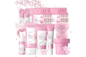 MEITREND Zestaw do pielęgnacji twarzy dla dziewcząt i kobiet, przeciwzmarszczkowy zestaw do pielęgnacji twarzy, nawilżający zestaw Sakura Skincare z serum, kremem, maseczką oczyszczającą, tonerem, kremem pod
