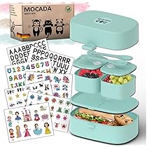 Mocada® Bento Box met handvat voor kinderen, inclusief 216-delige stickerset, BPA-vrij, lekvrije lunchbox met bestek en vakken, duurzame broodtrommel zonder schadelijke stoffen voor school (beige