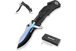 POKTWORLD Coltello Pieghevole con torcia elettrica,Coltello da caccia,Acciaio inossidabile 7Cr17 di Coltello Soccorso Portatile di Sopravvivenza per Caccia,Campeggio attività all'Aperto Multiuso