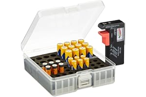 Relaxdays Batteriebox mit Tester, für 60 AA & AAA Batterien, HBT: 5,5 x 15 x 15,5 cm, Batteriekiste, transparent/schwarz