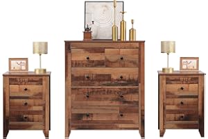 FurnitureHMD Bedroom Furniture 3 Piece Set Wooden Chest of drawers Set of 2 Bedside Table Rustic Brown (set B)