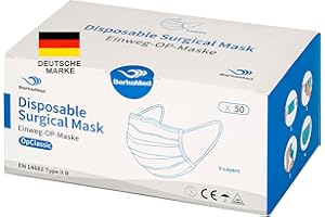 BERKEMED CE Mascarillas quirurgicas Desechables homologadas, Rendimiento del Filtro ≥99%, Mascarillas quirurgicas según EN 14683 Tipo IIR (50 Piezas), Adecuado para entornos de Trabajo médico