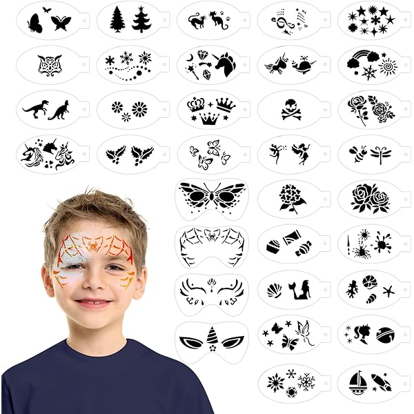 Kit 26 Pochoirs Halloween Pour Peinture Visage - Grands Et Petits Modèles Réutilisables (citrouille, Chauve-souris, Clown...) - Pour Maquillage Fête Et Tatouage éphémère