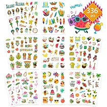 336 Autocollants Été Fyvadio - Thème Hawaï Plage Piscine - 16 Feuilles 13x18cm - Déco Fête Anniversaire