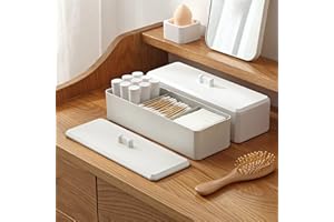 Ezebesta Organizador de 3 divisores para bolas de hisopo de algodón, soporte de almohadillas de algodón, caja dispensadora de plástico con tapa para almacenamiento de baño (blanco)
