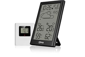 Optus Funkwetterstation mit Außensensor, DCF-Uhr, Frostwarnung, Anzeige von Temperatur und Luftfeuchtigkeit innen und außen, schwarz