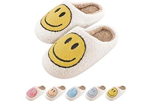DOUUCO Women Soft Plush Happy Face Slippers Retro Warm Slip-on Slipper Cute Anti-slip Slippers with Memory Foam Slip-on Fur Slippers Breathable Happy Face Slippers