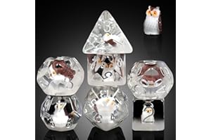 DNDND Lot de 7 dés DND en résine avec sac en velours pour jeux de rôle et jeux de table Motif chouette