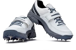 4 WITH QUIVE Sega Reach, Cricket Shoes, Metal Spikes, Cricket Shoes Men, Grey & Red Sports Training Outdoor Sneakers Optimal Traction Comfortable Fit Shock Absorption Breathability