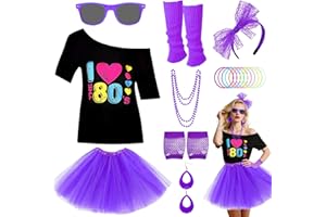 BEAMELY 80s Costume Accessories Set for Women, 1980s Neon Party Kit with T-shirt Tutu Skirt Headband Earring Necklace Glasses Bracelet Fishnet Gloves Leg Warmers for 80s Retro Party Dress up