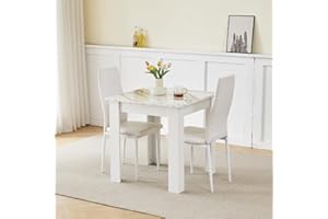 Kamorry Dining Table and 2 Chairs,3 Piece Dining Room Set, Wood Kitchen Table with High Gloss Top and 2 Upholstered Chairs for Small Spaces, Apartment (Marble White Table, Leather White Chair)