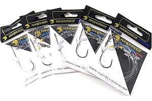 HAWKRIDGE RIG PRO SERIES - 5 Pack of Single 1 Hook PULLEY RIG available in sizes 3/0 or 5/0 Expertly tied Quality Ready Tied Rigs - Sea Surf Casting Fishing (80lb Main - 30lb or 50lb Snood)