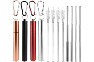 CHRI Cannucce in acciaio inox, 4 cannucce riutilizzabili, in metallo, 10 fino a 22,5 cm, cannuccia telescopica con spazzola per la pulizia e anello portachiavi