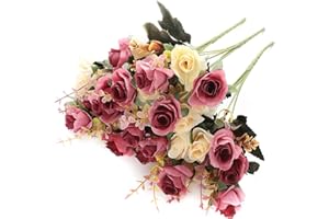 SUNNEGO Künstliche Blumen, gefälschte Rose Seide Blumen Dekor 6 Zweig 12 Köpfe Dekoration für Tisch Home Office 3 Packungen (rosa rot, 3)