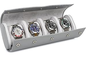 Hiram Watch Roll Case 4 Watches Storage Travel Case Genuine Saffiano Leather Travel Watch Organizer Storage Box (Grey)