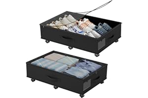 Babenest Unterbettkommode mit 6 Rollen, 2 Stück Faltbare Unterbett Aufbewahrungsbox mit Klarer Deckel Reißverschluss, Under Couch Bettkasten Schuhe, Kleidung, Spielzeug Storage Boxs (Schwarz)