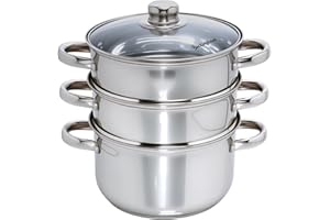 Buckingham 3 Tier Premier Steamer Set with Glass Lid Polished Mirror Finish Stainless Steel Ideal for Steamer Cooking Induction Compatible