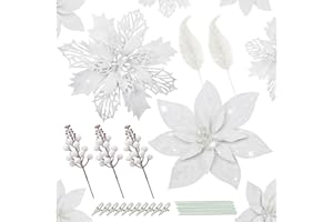 Yueshop 62 PCS Christmas Glitter Artificial Poinsettia Set, Christmas Tree Decoration Stems Clips, Glitter Artificial Flowers Leaves Berry Stems for Wedding Party Wreath Garland Decoration (White)