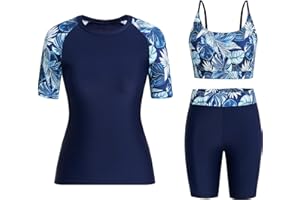 Owntop Womens 3-Piece Rash Guard | UPF50+ UV Swim Shirt | Short Sleeve Rashguard Shirts & Bikini Top & High Waist Boyshorts | Modest Swimwear Swimsuits | Swimming Surfing