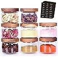 Tzerotone 8 Pcs Spice Containers - 8.5oz Glass Spice Jars With Acacia Airtight Lid and Labels - Stackable Empty Round Spice Bottles for kitchen Seasoning, coffee bean, tea, suger, herbs