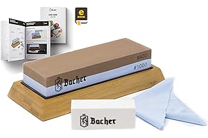 ‎BACHER BACHER kamień wodny premium, podwójna gradacja 400/1000, ostrzałka kamienna do noży z antypoślizgową podstawą bambusową, kamieniem do wyrównywania powierzchni i szczegółowym przewodnikiem e-book