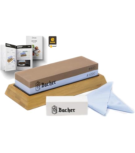 Bacher Pierre à Aiguiser Premium Pierre à Affuter à Double Face, Grains 3000/8000 – Aiguiseur pour Couteaux avec Support en Bambou, Pierre Aplatissante, Guide d'Angle et Guide électronique Détaillé