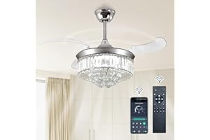 Depuley 36 Inch Crystal Ceiling Fans with Lights, Modern Retractable Invisible Blades Ceiling Light with Fans for Living Room Bedroom,Dimmable,APP Remote Control,Sliver…