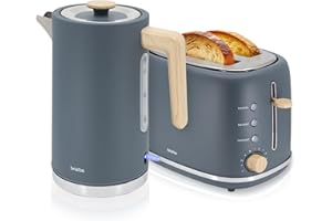 briebe Nordic Set Tostadora Pan Ranura Ancha 2 Rebanadas, 6 Niveles Tostado + Hervidor Agua Eléctrico 1,7L Inalámbrico, 2200W Ebullición Rápida, Libre BPA, Pack Desayuno Diseño Nórdico, Gris