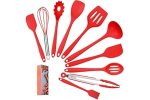 COVVY Utensili da cucina in silicone domestici di Lysport (10 pezzi) Utensili di cottura e cottura resistenti al calore Non Stick - Non Scratch Utensili da cucina Cucina buona Helper (Rosso)