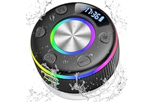 PRSCFUM Enceinte Bluetooth Douche, 2025 Enceinte Bluetooth 5.3 avec Ventouse pour La Salle De Bain, 3D Stéréo, Lumière LED, Étanche IP7 Haut-Parleur de Douche avec Mic/Appel pour Soirées Plage, Voyage, Douche
