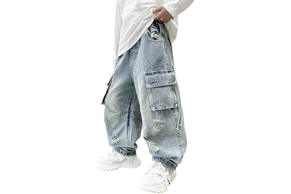 Baggy jeans pojkar lös passform jeansbyxor barn pojkar Y2k cargobyxor denim byxor breda ben cargojeans med elastiskt midjeband streetwear raka joggingbyxor slip-jeans män med ficka