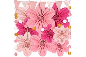 HOCUCHELAND 9 Stück Papierblumen zum Aufhängen, Papierfächer Papierblumen Deko mit 2 Stück Zugfahnen, Geburtstagsdeko Mädchen Rosa Deko, Frühlingsdeko Party Deko für Hochzeit, Geburtstag, Babyshower