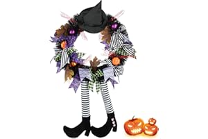 SHAVINGFUN Dekoracje na Halloween, wieniec na Halloween, wieniec czarownicy na Halloween, czarny wieniec z kapeluszem, czarownice, nogi, dynia, do wewnątrz, na zewnątrz, do domu, dekoracja na