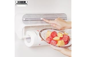 Quasziwa 2-in-1 Porta Rotolo da Cucina da Parete - Dispenser per Pellicola e Alluminio Film con Taglia - Design Magnetico, Taglierina per Carta Stagnola con Portarotolo - Include 50m di Film, Bianco