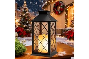 Yowin Lanterne Solaire Exterieur Grande Lampe Solaire Jardin avec Bougie, Verre Trempé, Lampe de Table Étanche Suspension Lampe, Solaire Exterieur a Poser pour Balcon Jardin Terrasse Deco - Noir