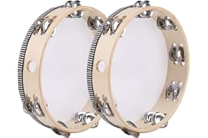 FWEEK 2 Pack 10 Inch Wooden Tambourine with Metal Jingles for Adults, Church, KTV, Musical Education
