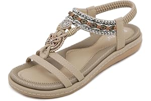 ZDQ Sandals Womens Summer Casual Flat Bohemian Slip-on Sandals with Elastic Ankle Strap