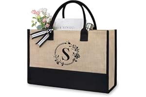 TOPDesign Initial Jute/Canvas Tote Bag, Personalized Present Bag, Suitable for Wedding, Birthday, Beach, Holiday, is a Great Gift for Women, Mom, Teachers, Friends, Bridesmaids